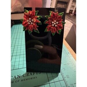 Vintage Robert Allison Enamel Rhinestone Poinsettias Christmas Earrings